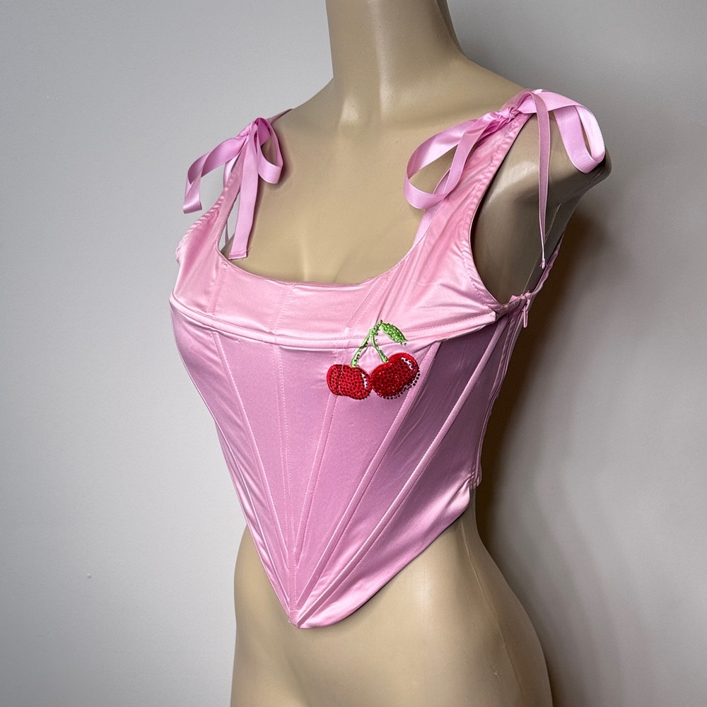AKIRA Pink Satin Crop Top with Cherry Embellishments - Picture 2 of 6